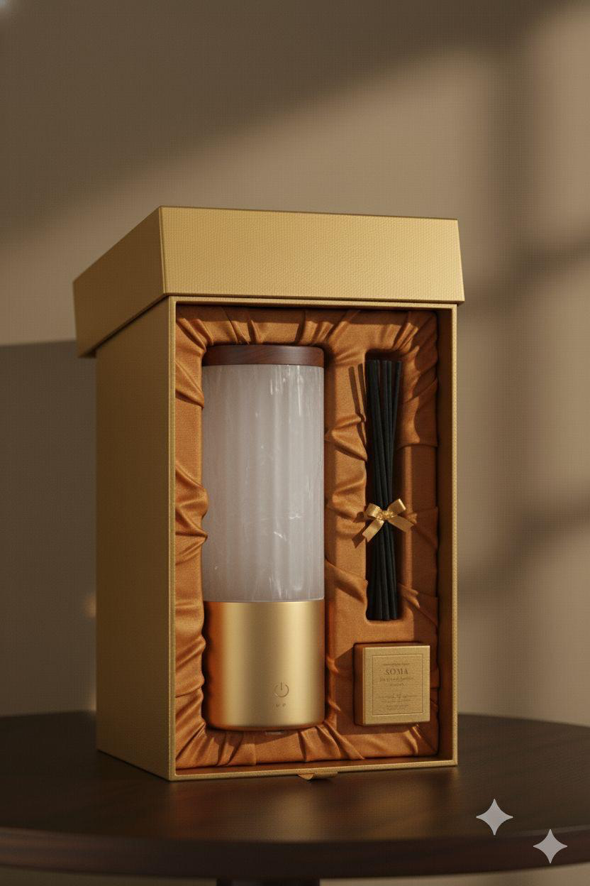 Soma gift box open on a wooden table, the diffuser seated in gold silk lining beside a bundle of reeds.